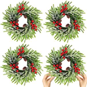 4 Pcs Christmas Wreath 10 Inch Green Artificial Wreaths Red Berry Pinecones Wreaths for Front Door Cabinets Wreath Indoor Outdoor Wall Decor Christmas Wall Home Decoration