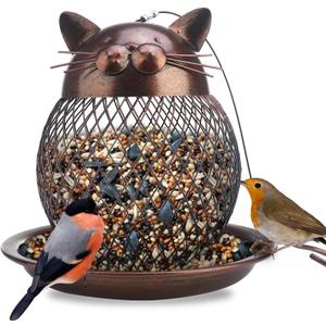 Outside Wild Bird Feeder, Heavy Duty Metal Frame Squirrel Proof Bird Feeders Hanging for Garden Yard Outdoor Decoration, Cute Cat Shaped