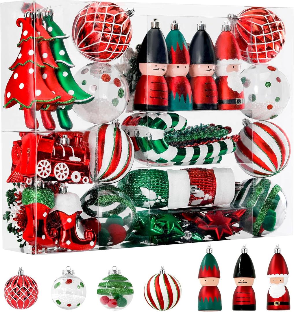 Alupssuc 95pcs Christmas Balls Ornaments Set, Shatterproof Plastic Baubles, Soldiers, Christmas Socks for Xmas Tree Holiday Wedding Party Decorations with Hanging Strings, White, Red and Green