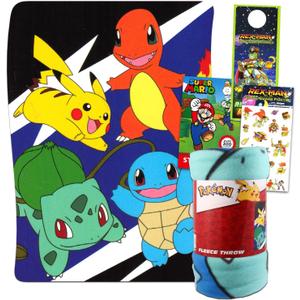 Pokemon Throw Blanket Set - Bundle of 45x60" Pokemon Fleece Blanket, Super Mario Stickers and More | Nintendo Bedding Kit for Kids