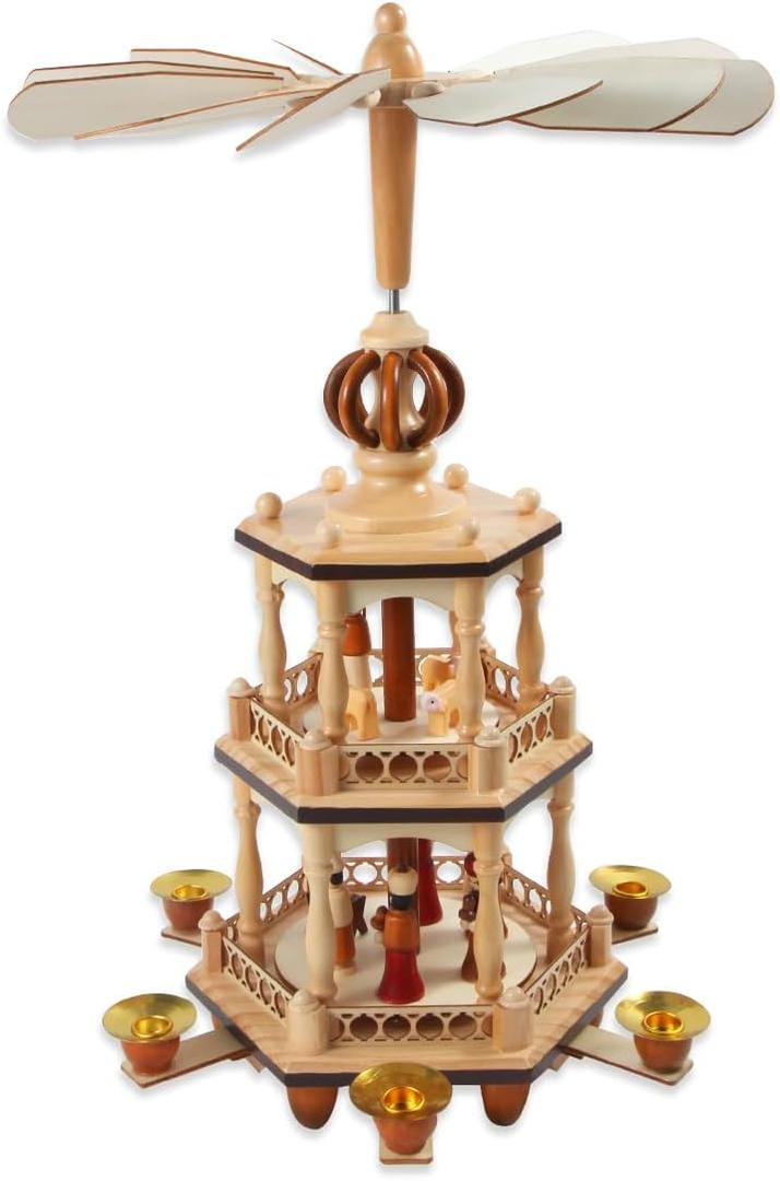 17 Inches Christmas Wooden Pyramid with 6 Candle Holders- Nativity Scene Set-Under The Christmas Tree - Table Top Holiday Decor - 3 Tiers Carousel (Two)