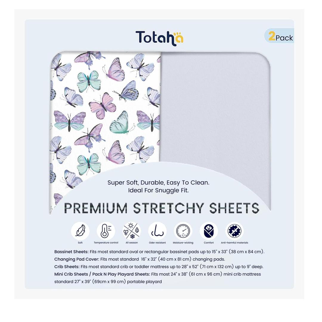 TotAha Premium Soft Pack n Play Sheets, Super Stretchy Jersey Knit Mini Crib Sheets Fitted, Silky Comfort Graco Pack and Play Mattress Sheets 2-Pack, Purple Butterfly
