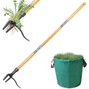 Weed Puller Tool, Stand Up Weed Remover Tool, Gardening Hand Weeding Tool with 48" Handle for Dandelion, Includes a Reusable Garden Waste Bag [2025 Upgraded Weeder]
