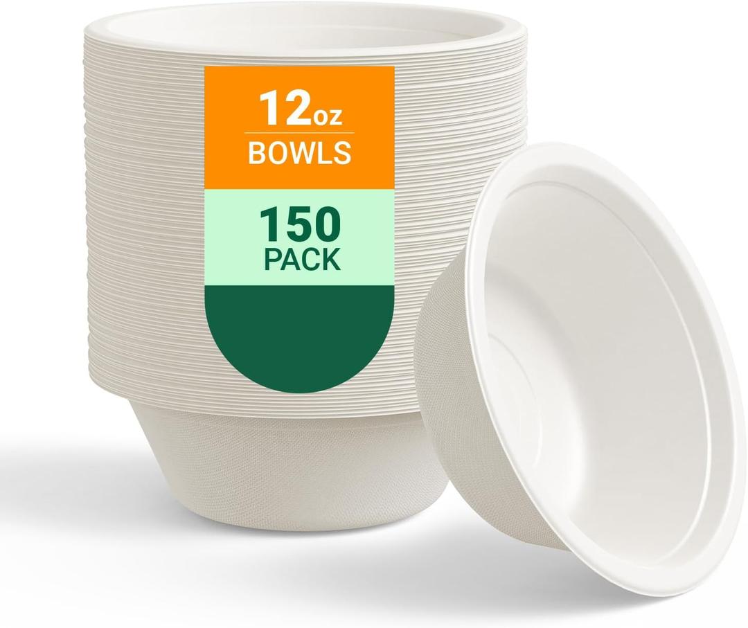 ECOLipak 150 Pack 12 oz Paper Bowls Disposable, Heavy-Duty Biodegradable Compostable Bowls Made of Natural Sugarcane Bagasse, Suitable for Salad, Dessert, Milk, Cereals