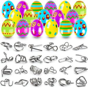 24 Pcs Prefilled Easter Eggs with Brain Teaser Puzzles Toys for Kids,Easter Basket Stuffers Filled with Metal Montessori Solving Bulk 3D Unlock Logic Gifts for Boys Girls,Party Favors