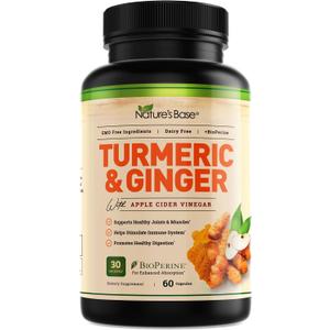 Nature's Base Turmeric and Ginger Supplement - with Curcumin, Apple Cider Vinegar & BioPerine Black Pepper Extract - 95% Curcuminoids - 60 Capsules (60 Count (Pack of 1)