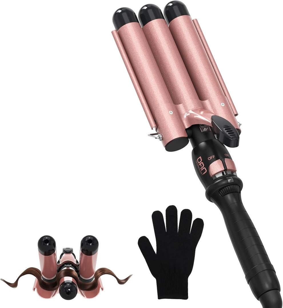 Three Barrel Curling Iron 1 Inch, 7 Heat Settings 180-430F, Ceramic Triple Hair Waver for Beach Waves, Dual Voltage 110-240V, Auto Shut-Off, Glove Included, Rose Gold