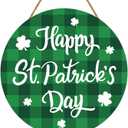 YUNKKIN St Patricks Day Wreath Happy St Patricks Day Door Decorations Buffalo Plaid Decorations Hanging Sign Wooden Front Door Hanger for Porch Wall Indoor Home Decor