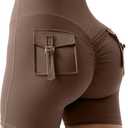 MOOSLOVER Women Workout Biker Shorts with Pockets High Waisted V Cross Shorts Scrunch Butt Yoga Gym Booty Shorts (Brown, L)