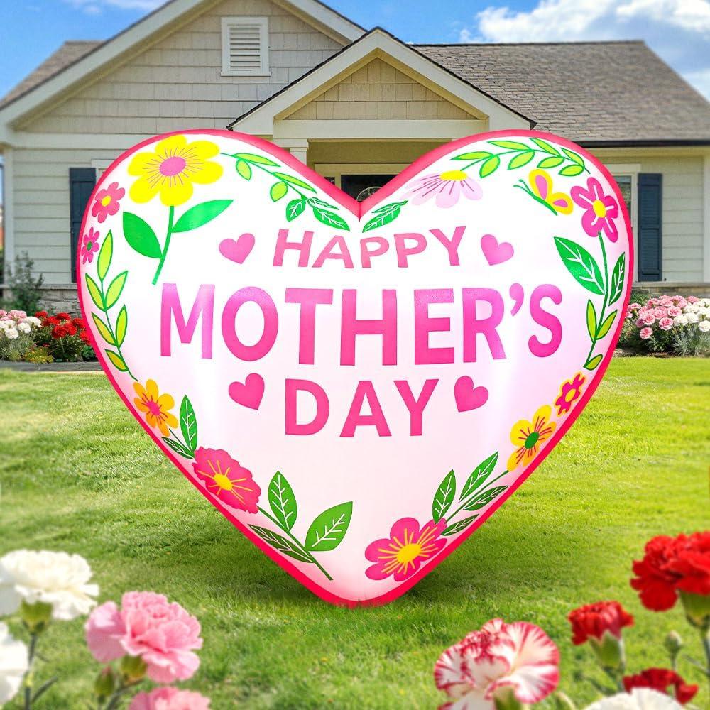 KOOY 4.6FT Mothers Day Inflatables Heart Outdoor Decorations, Built in LED Lights Mothers Day Outdoor Decorations, Blow Up Yard Decoration for Mother's Day Party, Outdoor, Garden, Yard Lawn Decor