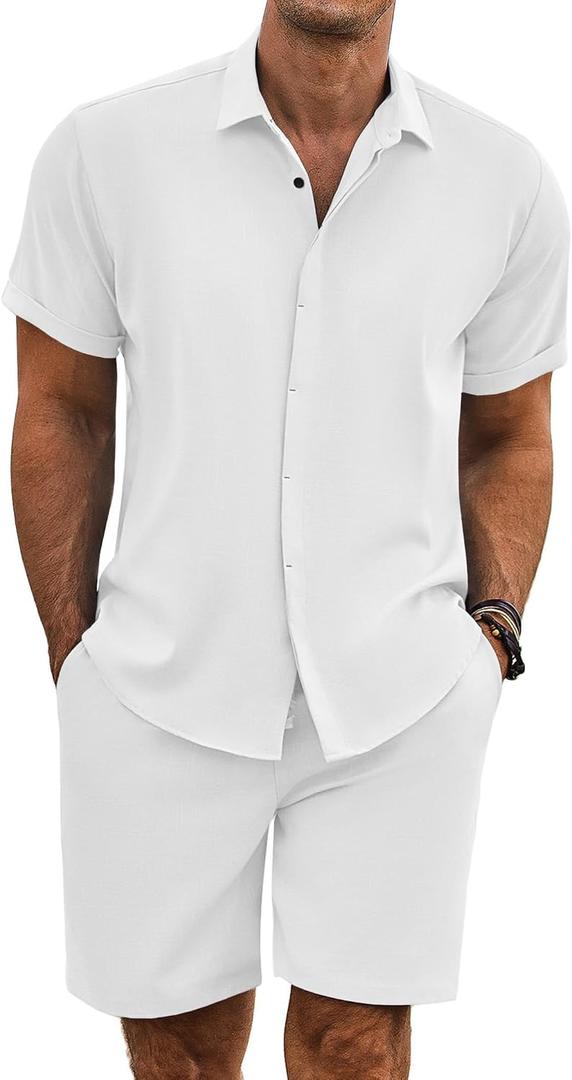 COOFANDY Men's Summer Beach Outfits 2 Piece Short Sleeve Shirts and Shorts Vacation Texture Linen Sets for Men (White, M)
