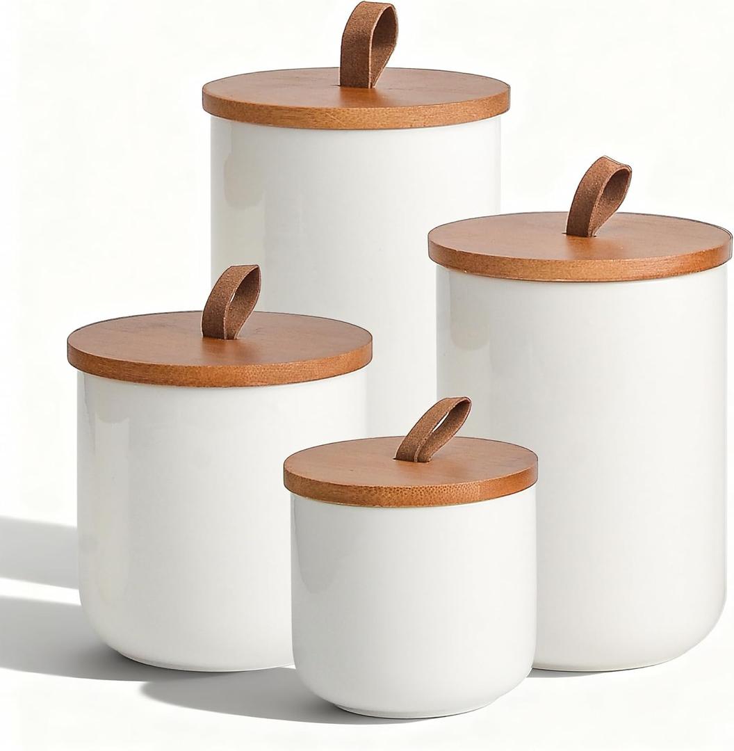 White Ceramic Canister Set with Bamboo Lids, 4-Piece Airtight Food Storage Jars for Kitchen Flour, Sugar, Coffee, Tea, Spice Smaller, Small, Medium, Large Sizes