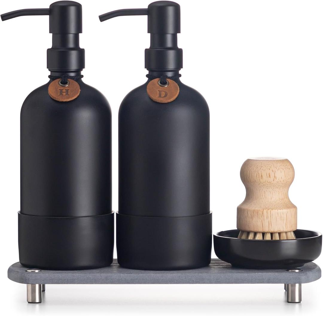 [Luxurious] Hand and Dish Soap Dispenser Set, Kitchen Soap Dispenser Set with Handmade Leather Tag, Instant Dry Tray, Stainless Steel Pump, Non-Slip Pad, Add Elegant Touch to Your Kitchen Sink (Black Bottle + Black Pump)
