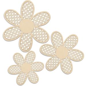 Maitys 3 Pieces Boho Daisy Wall Decor Natural Rattan Flower Wall Hanging Art Wooden Boho Art Nursery Flowers Farmhouse Hanging Decor for Home Office Nursery (Wooden Color)