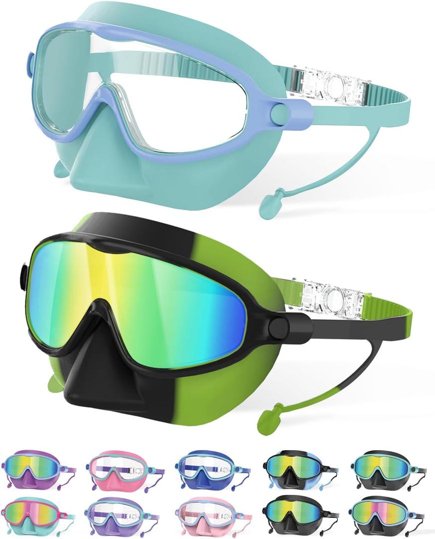 Kids Swim Goggles with Nose Cover for 3-12, 2 Pack Anti Fog/UV Swimming Goggles Mask for Boys Girls Toddler