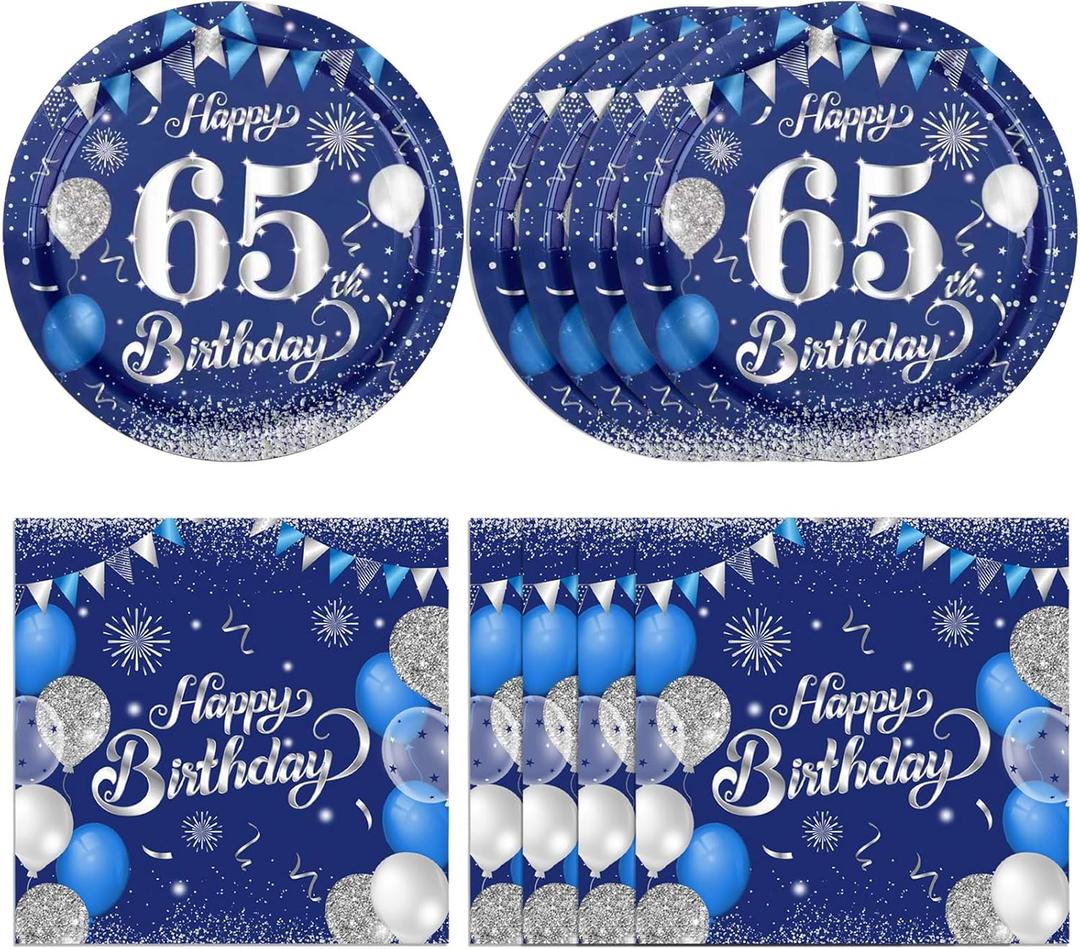 40Pcs 65th Birthday Decorations Kit for Men Women,Blue Silver 65th Birthday Party Paper Plates and Napkins Happy Sixty-five Years Old Tableware Set for 1960 Anniversary 65 Year Old Party Supplies