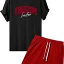 GORGLITTER Men's 2 Piece Outfits Letter Print Crewneck Short Sleeve T-Shirt and Shorts Set (Red and Black)