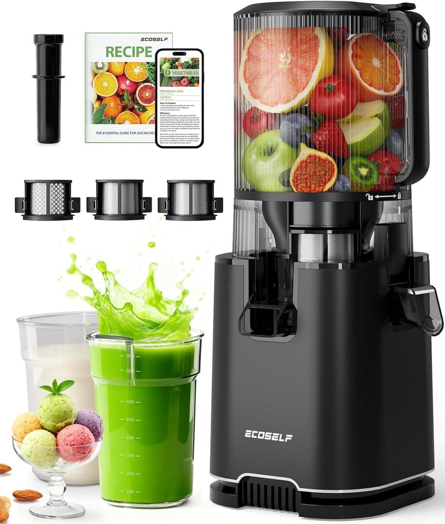 Cold Press Juicer with 3 Filters (For Juice/Sorbet/Nut Milk), Juicer Machines With 6.0" Wide Mouth Hopper, Self Feeding & Hands-Free Design, Juicer for Family Gathering Party, With Pusher