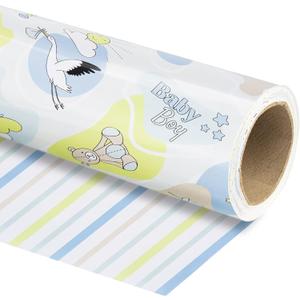 WRAPAHOLIC 30 Inch Reversible Wrapping Paper - 24 inch X 65.6 feet Jumbo Roll Baby Boy Design, Perfect for Kids Birthday, Party, Holiday, Baby Shower Packing, 24 x 787 Inch