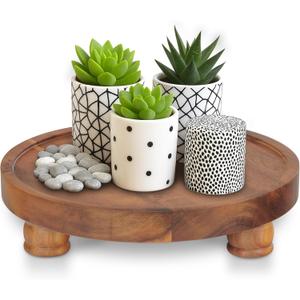 Demigo 10" Acacia Wood Round Tray - Decorative Plant Stand, Farmhouse Countertop Organizer, Multi-Purpose Display Pedestal, Riser Board for Soap, Perfume, Candles, Sponge, Bathroom, Kitchen (Brown)