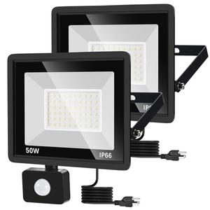 YANYCN 2 Pack 50W LED Motion Sensor Flood Light,LED Work Light with Plug,Super Bright IP66 Waterproof Floodlights Outdoor 5000K Daylight Dusk to Dawn 8800LM Security Light for Garage,Front Porch,barn