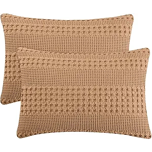 PHF 100% Cotton Waffle Pillow Shams King Size, 2 Pack 20" x 36" Soft Skin-Friendly Pillowcases, No Filling, Aesthetic Woven and Breathable Waffle Weave Pillow Case Covers for Bed, Camel