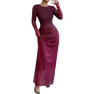 BEAUDRM Women's Fall Wedding Guest Dress Long Sleeve Cocktail Date Night Sexy Y2K Bodycon Ruched Mesh Formal Maxi Dresses (Burgundy)
