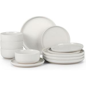 HaWare Stoneware Dinnerware Sets, 12-Piece Plates and Bowls Set for 4, Dishes Set for Home Restaurant, Speckled Milky White