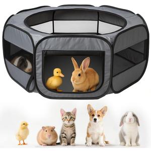 UWE Extra Large Small Animal Playpen, XL Portable Pet Playpen for Rabbit, Kitten, Guinea Pig, Hamster, Puppy Waterproof Foldable Mesh Tent with Zipper Cover, Indoor Outdoor Use, Dark Grey