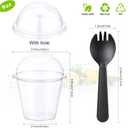 Suclain 400 Pcs 9oz Disposable Plastic Cups with Dome Lid and Spork Set, 200 Clear Fruit Cup with Lid and Hole 200 Plastic Spork for Food Appetizer Ice Cream Dessert Cold Drink(Dome), 400 Count
