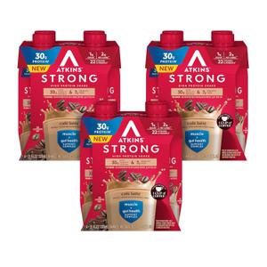 Atkins Strong High Protein Shake, Café Latte Flavored, 30g Protein, 7g Prebiotic Fiber, 1g Sugar, Muscle and Gut Health Support, GLP-1 Support, Low Carb and Low Sugar Coffee Protein Shake, Keto Friendly, 12 Count BBD: 08-09-26