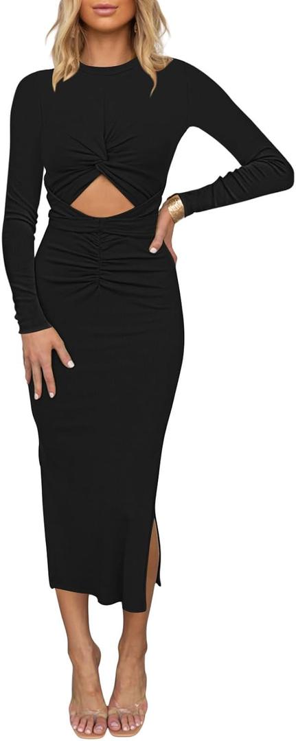 Duigluw Women's Summer Knit Sleeveless Crosscriss Cutout Ruched Bodycon Midi Dress with Slit (Small, 02-black)