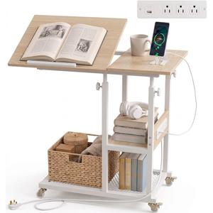 Hadulcet Adjustable C Table with Charging Station, Tiltable Desk C Shaped End Table for Couch, Over Bed Table with Wheels Adjustable Height, Hospital Table Laptop Stand Drawing Desk, Rustic Brown, 15.8 inches x 31.5 inches x 33.5 inches