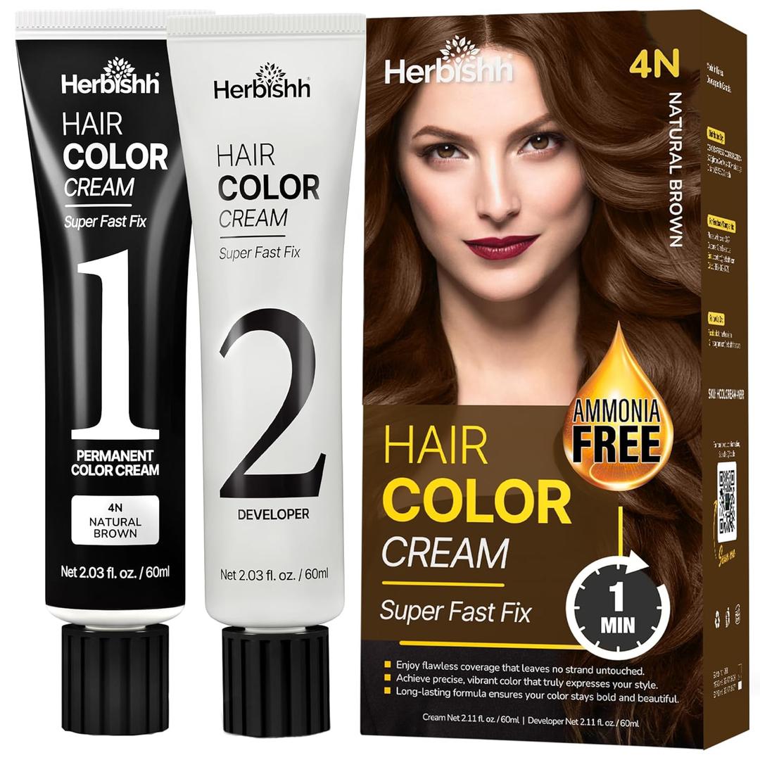 Herbishh 1-Minute Korean Hair Dye Cream & Developer (2.03 fl oz Each) Natural Brown - Permanent Color for Hair Root Touch Up & Full Hair Gray Coverage, Ammonia-Free Hair Dye Kit for Women & Men