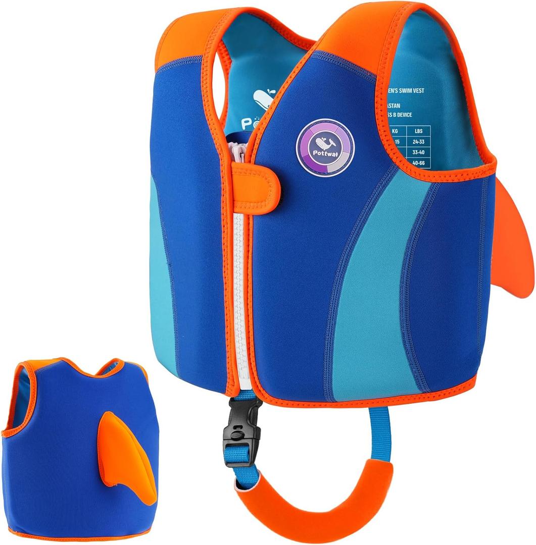 Pottwal Swim Vest for Kids - Swim Jacket for 1-2 Years (24-33LBS) - Buoyancy Aid Made of Neoprene & EPE - with Adjustable Crotch Strap (Small, Orange Blue Fish Fin)