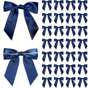 Navy Blue Satin Ribbon Twist Tie Bows 5 Inch Pre-Tied Blue Gift Bows for Crafts, Treat Bags, Party Favors, Wedding, Baby Shower, Candy Apple, Christmas Tree (36 Pack)