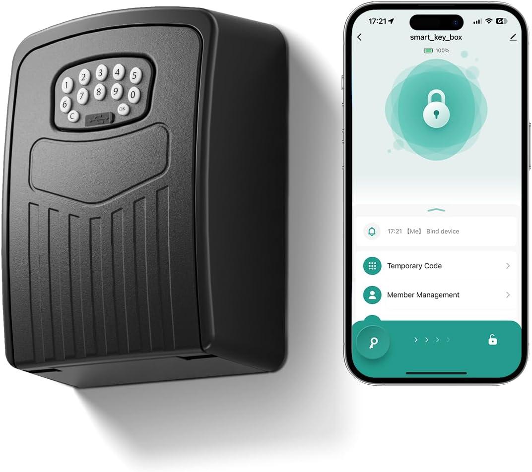 NexusLab Smart Key Lock Box with App Control, Bluetooth & Digital Password Combination Lock, Wall Mount Heavy Duty Metal Key Safe Box for Home, Office, Real Estate & Airbnb Outdoor, Black