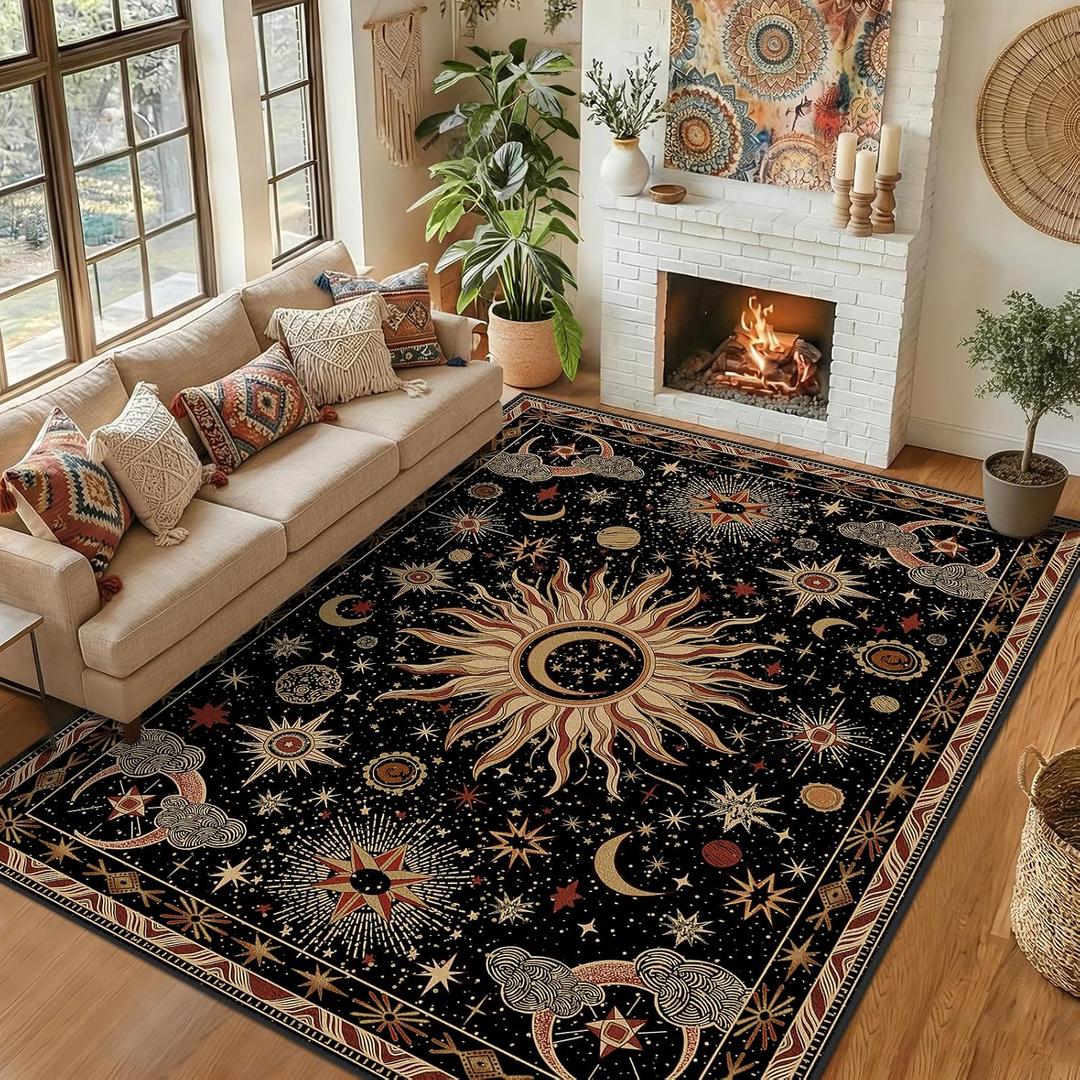 Vacuum-Friendly, 8x10 Washable Area Rug, Black Gold Beige Red