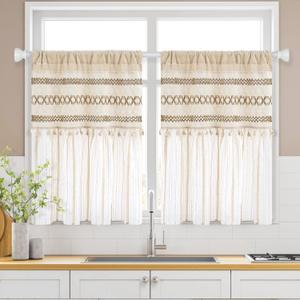 FRAMICS Farmhouse Kitchen Curtains 36 Inch Length Striped Short Curtain for Windows Boho Crochet Small Window Curtains for Kitchen Rod Pocket Light Filtering Tier Curtain for Bathroom, Cafe (Linen)