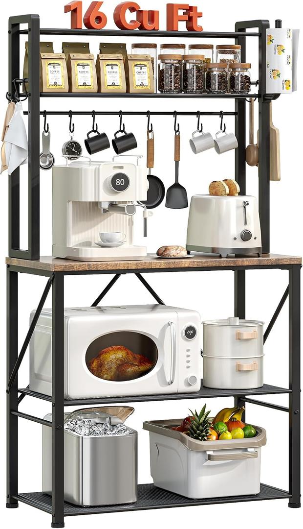 YASONIC Coffee Bar, Bakers Rack with Storage, 25.6 Inches Microwave Stand, 5 Tier Kitchen Shelves Appliance Storage, 12 S Hooks Large Coffee Station for Spices, Pots and Pans, Rustic Brown