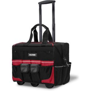 HAUTMEC 18" Rolling Tool Bag with Wheels, 23-Pocket Portable Tool Box Organizer with Water-Resistant Oxford Fabric, Wide-Mouth Design, Oversized Wheels & Telescoping Handle - HT0059 (18-Inch | Red)