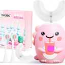 DYCROL Kids U Shaped Electric Toothbrush with 4 Brush Heads, Sonic Toothbrush Kids with 5 Modes, Cartoon Dinosaur 360-Degree Cleaning IPX7 Waterproof Design (6-12 Age (Pink))