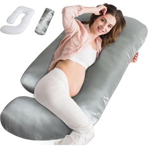 Silky Satin Pregnancy Pillows for Sleeping, Cooling Pregnancy Pillow, U Shaped Full Body Maternity Pillow with Removable Washable Cover, Support for Back, Legs, Belly, Hip for Pregnant Women, Grey