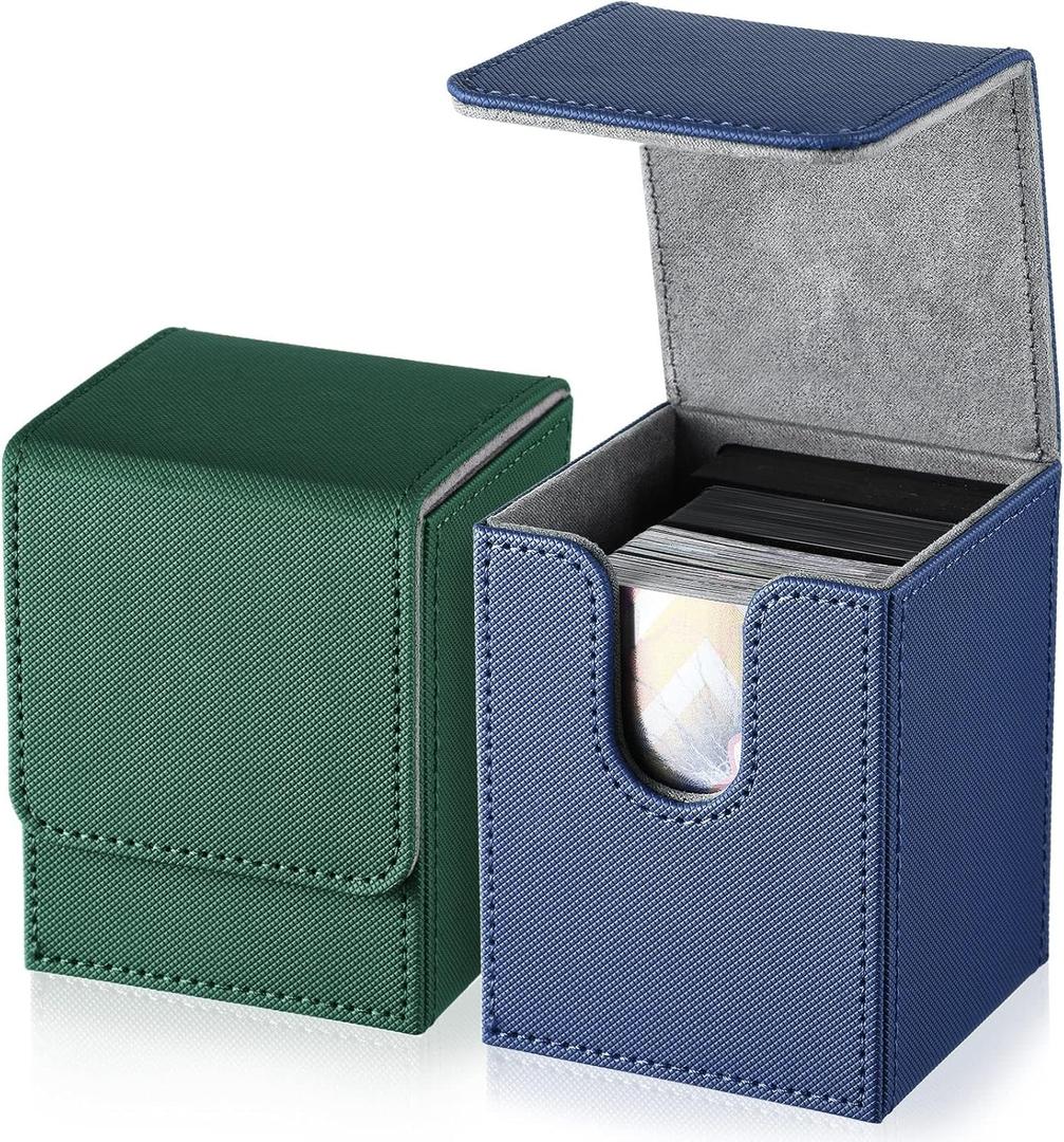 2 Boxes Leather Deck Card Boxes Large Size Fit 100 Plus Sleeved Cards Deck Game Box for Collectible Cards Deck Playing Card Box for 100 Plus Cards Compatible with MTG TCG (Vertical, Blue, Green)