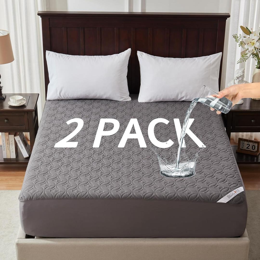 BEDLORE 2 Pack Waterproof Mattress Protector, Twin XL Size Mattress Pad with Deep Pocket 6"-15" Depth, Soft Breathable Bed Mattress Cover for Bedroom, College Dorm (Gray) (Grey)