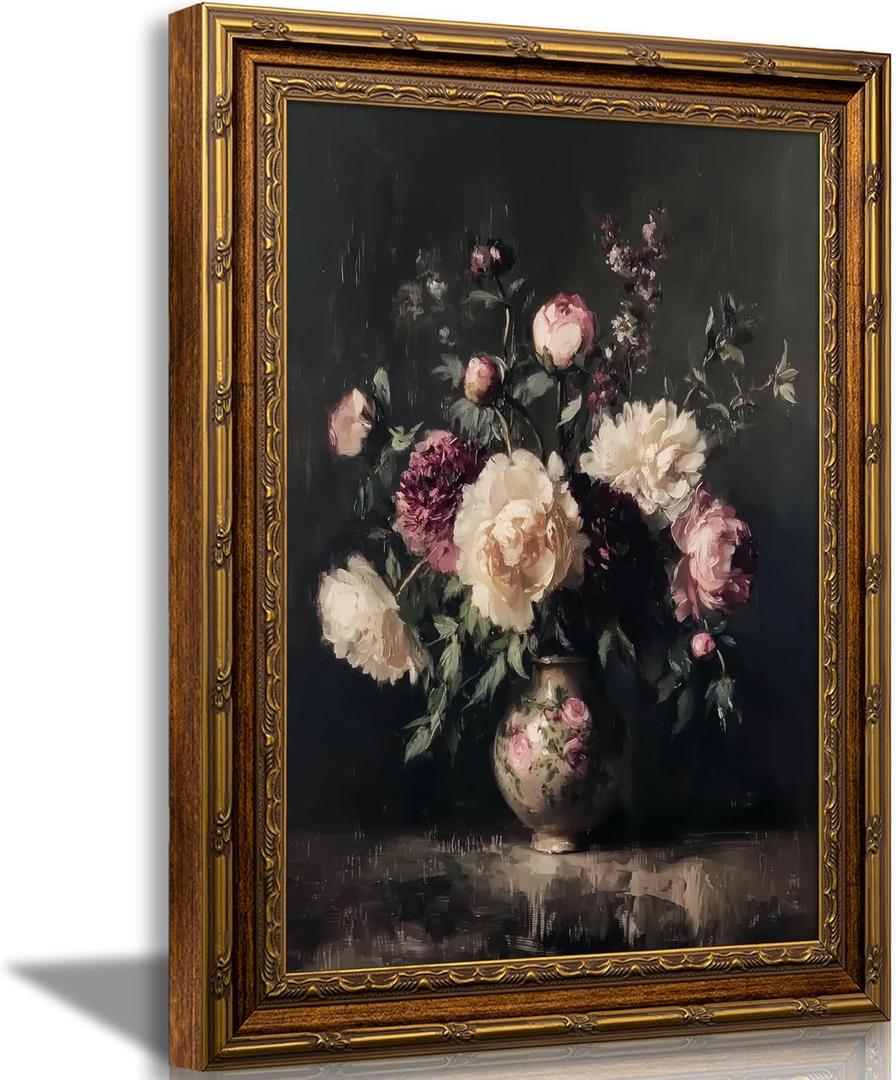 Vintage Gold Framed Flowers Wall Art Vintage Dark Moody Floral Painting Canvas Prints Moody Flowers Wall Decor Victorian Oil Painting Style Poster Print Artwork for Living Room Bedroom Home Decoration, 24"L x 16"W