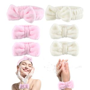 6PCS Spa Headband and Wristband Set for Women & Girls - Soft Skincare Face Wash Headbands with Bows, Makeup Headbands, and Wrist Towels (Beige+Pink, Large) (1 Count (Pack of 6))