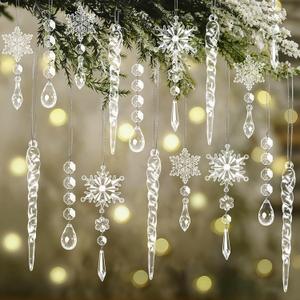 30pcs Christmas Ornaments Set for Tree Hanging Acrylic Crystal Snowflake Icicle Drop Christmas Decorations for Winter Christmas Tree New Year Party Supplies