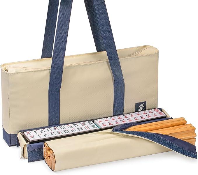 American Mahjong Game Set with Blue Carrying Bag,166 Premium White Tiles (1.2''), All-in-One Color Rack/Pushers, Chips, Wind Indicator, English Manual, Complete Mah jongg, Mahjong Tiles Set