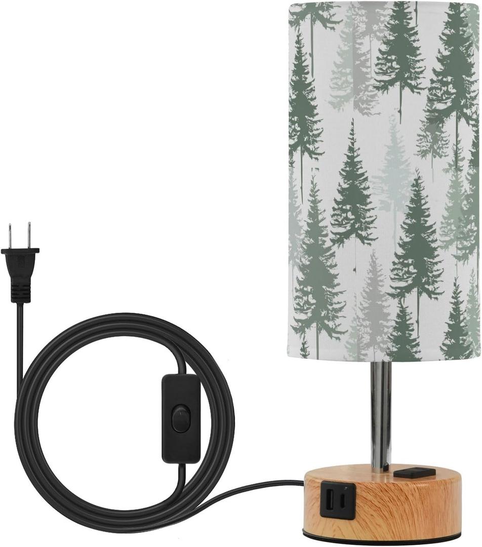 Dimmable Green Pine Forest Pine Trees Table Lamp with 2 USB C Charging Ports & AC Outlet, Touch Lamps for Nightstand Bedside Small Lamp Night Stand Side Light for Bedroom/Desk, 14 in